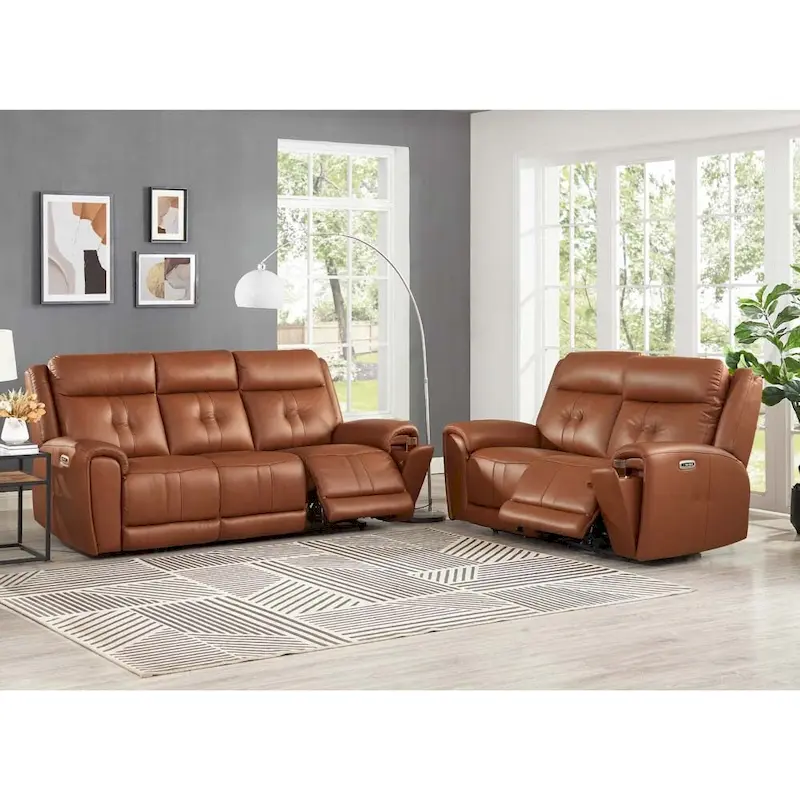 Hydeline Emma Zero Gravity Power Recline & Headrest Top Grain Leather Sofa & Loveseat Set with Cup Holders