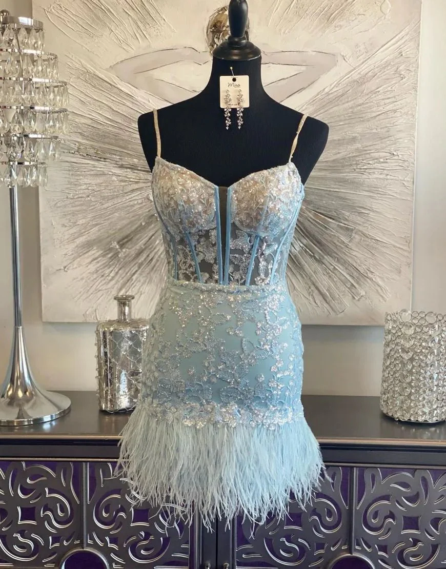 Sky Blue Corset Lace Tight Short Homecoming Dress with Feathers