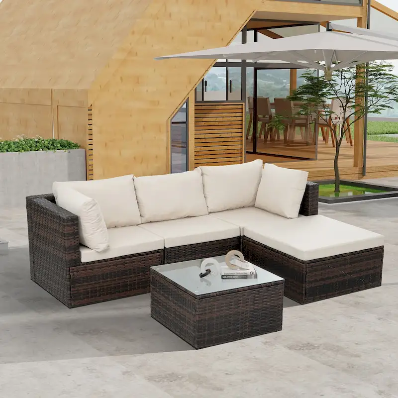 5 Set Wicker Furniture With Tempered Glass Coffee Table