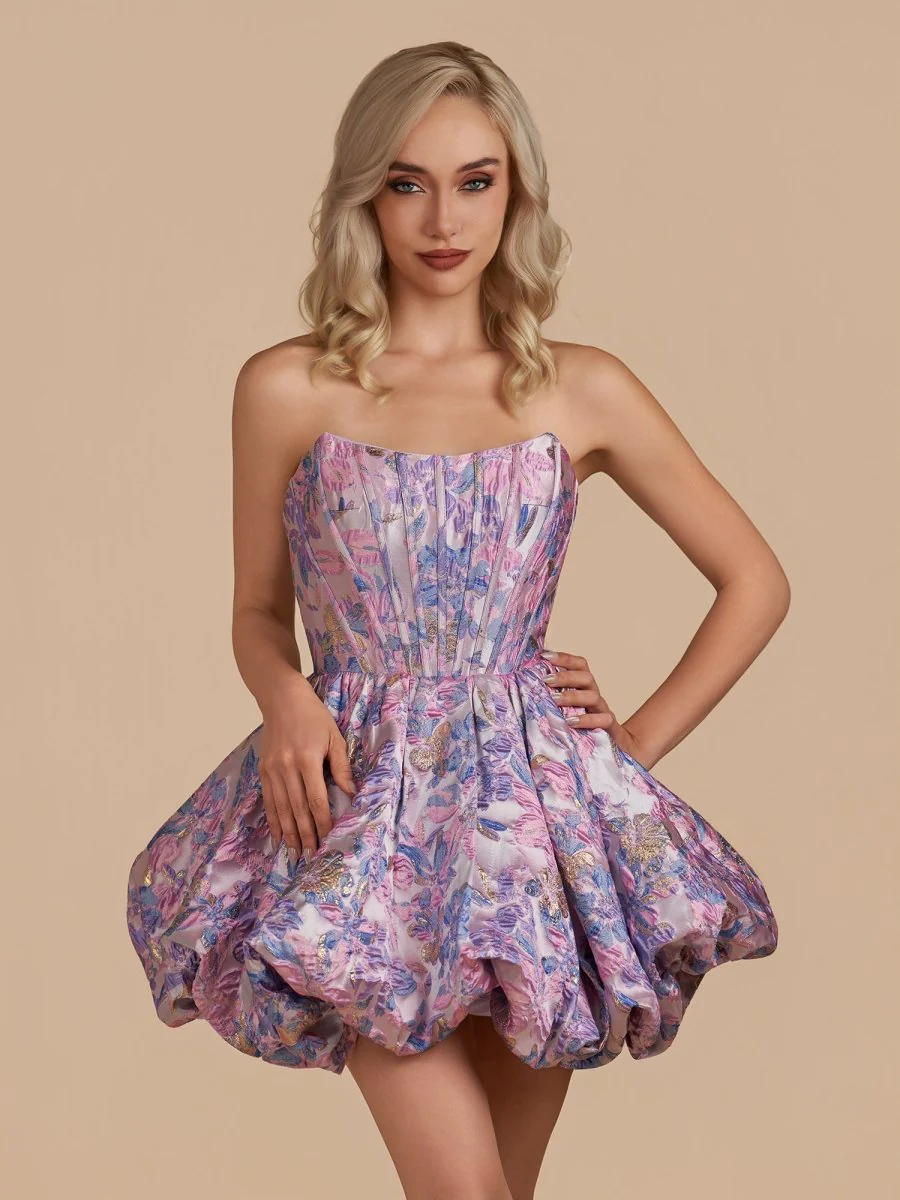 Purple - A Line Brocade Strapless Corset Floral Homecoming Dress with Bubble Hem