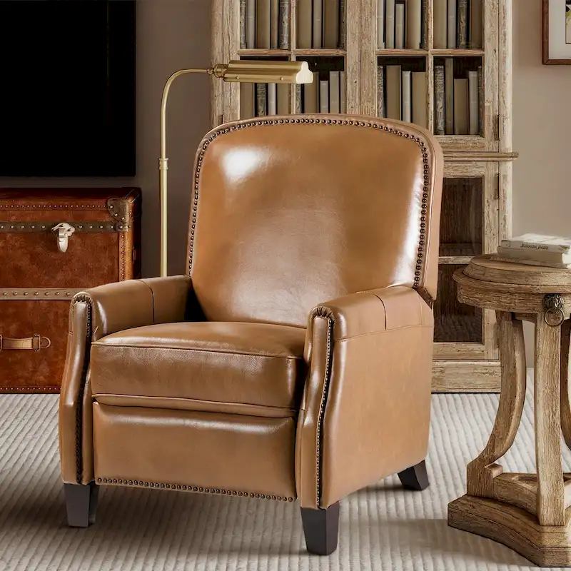 Modern Retro Genuine Leather Recliner with Nailhead Trim & Wooden Frame