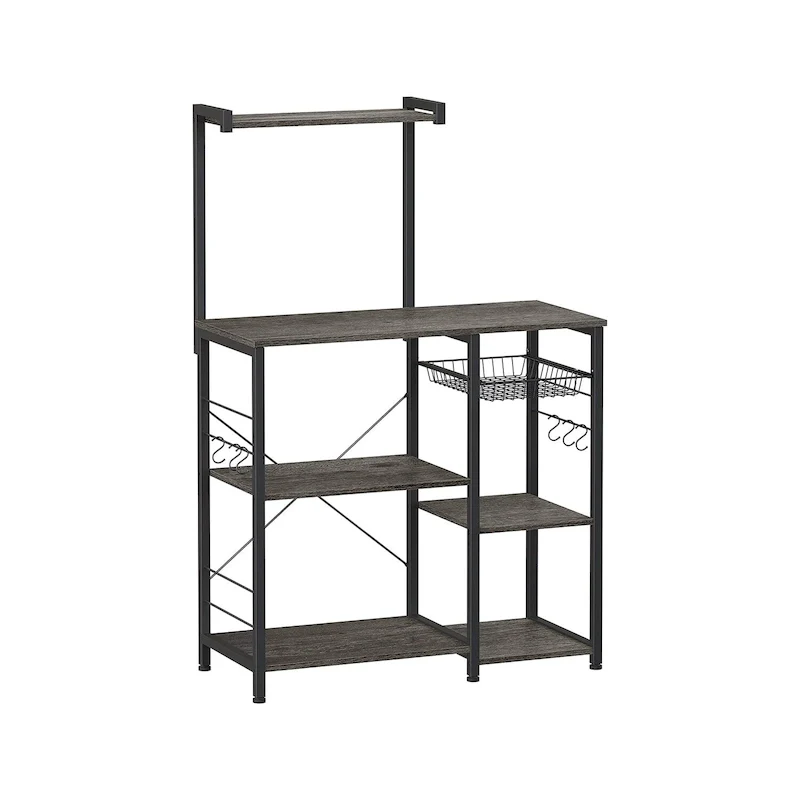 Kitchen Microwave Oven Stand Shelf with Wire Basket and 6 S-Hooks - 35.4L x 15.7W x 52H