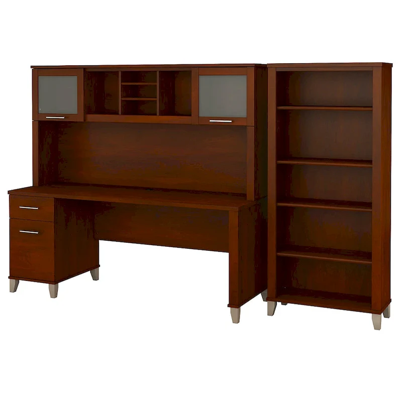 Somerset 72W Office Desk with Hutch and 5 Shelf Bookcase in Ash Gray