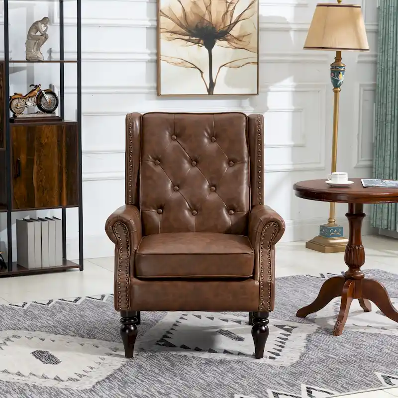 Mid-Century Velvet/Leather Upholstered Tufted Wood Frame Armchair