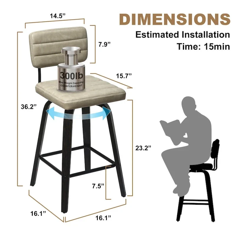 Swivel Counter Height Bar Stool with PU Leather Seat