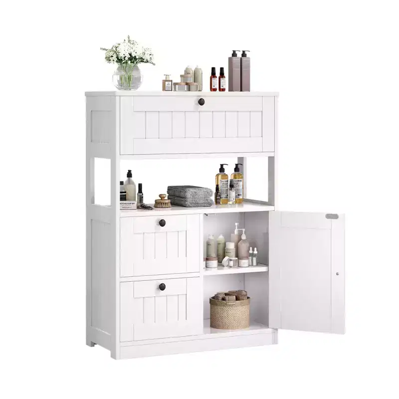 Hyleory Modern Bathroom Storage Cabinet with Drawer, Open Shelf & Adjustable Door Compartment
