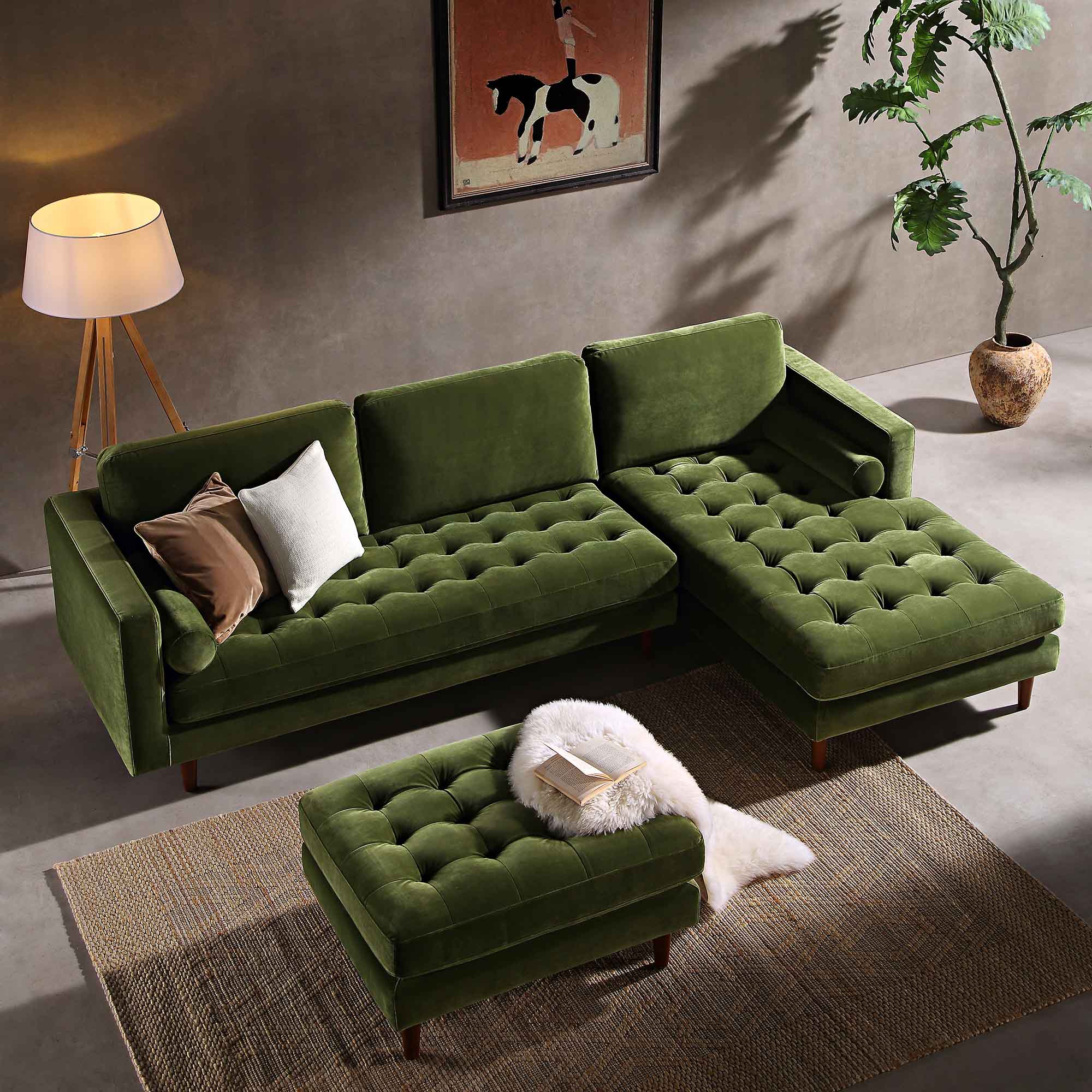 Moss Green Velvet Grand 4-Seater Chaise End Sofa, Right Hand Facing