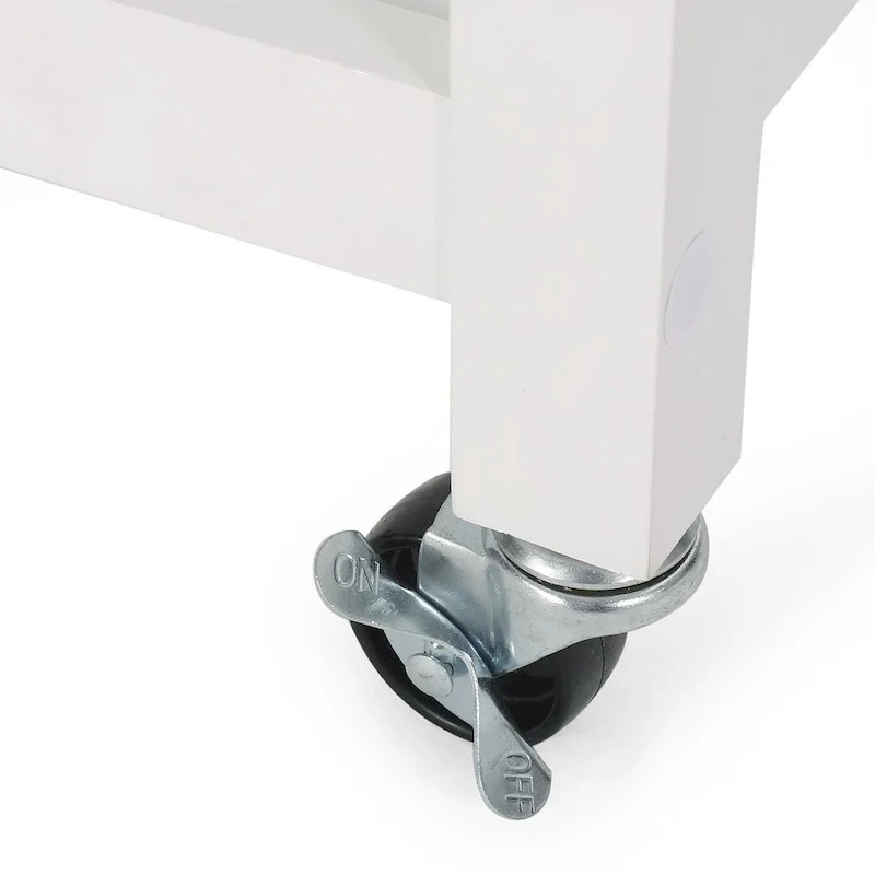 Modern White Wood Kitchen Cart with Wheels Drawers and Shelves by