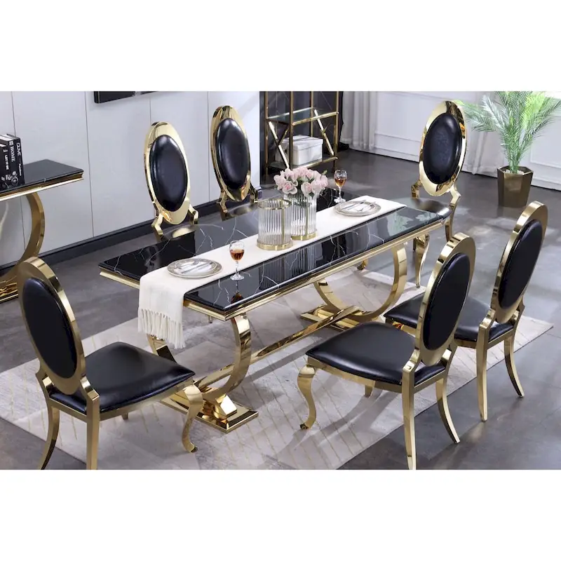 Dining Table with Circular Pedestal Base - Marble Texture Top, Seats 4-8 (Black/Grey/White)