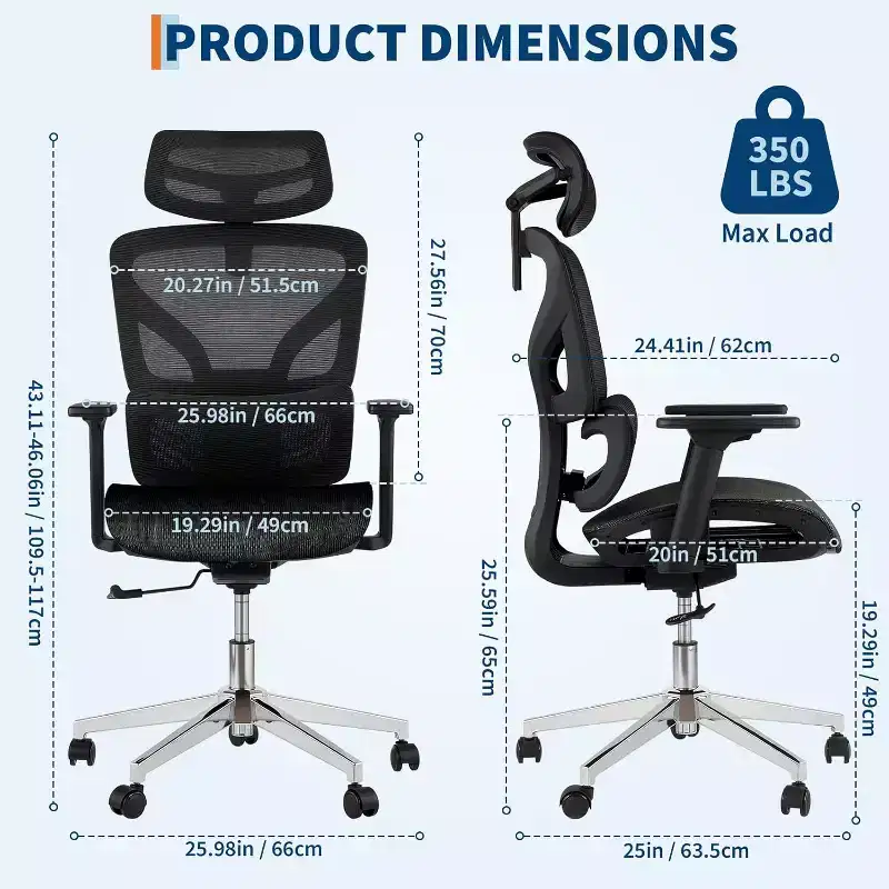 High Back Mesh Office Chair, Adjustable Armrest, Lumbar Support & Headrest, Rolling Computer Desk Chair for Home Office