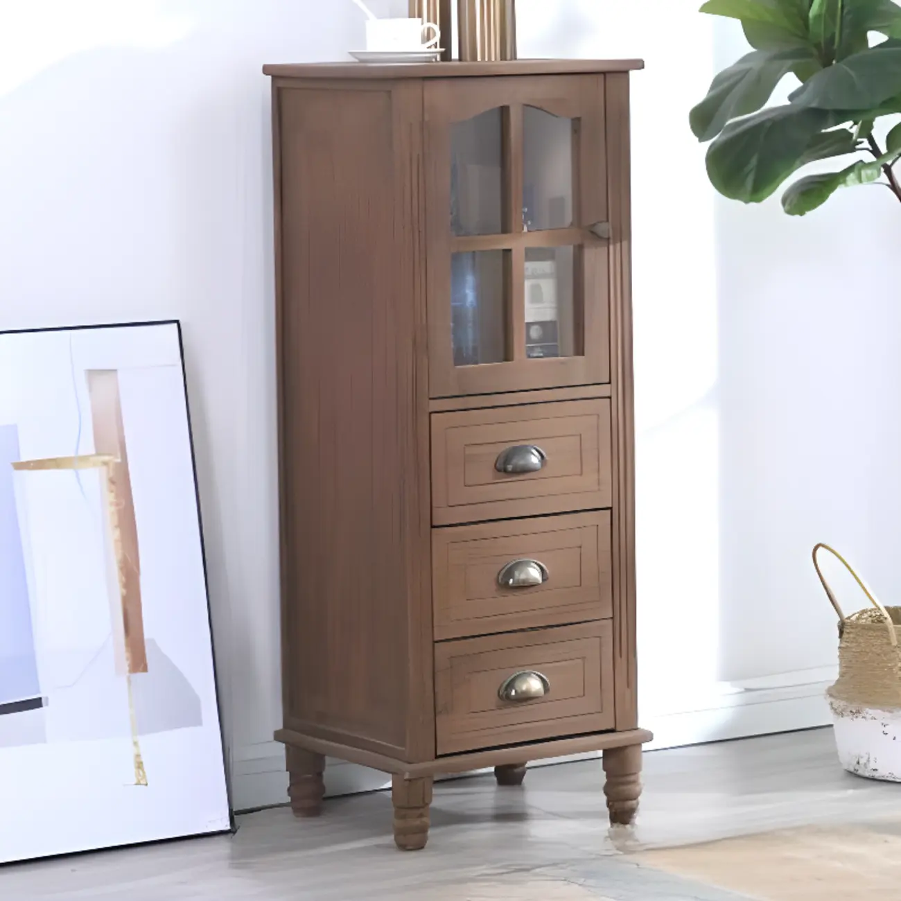 Freestanding Solid Wood White Cabinet with Drawers