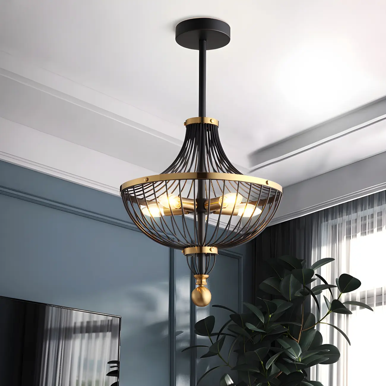 Industrial Gold Black Metal Cage Chandelier