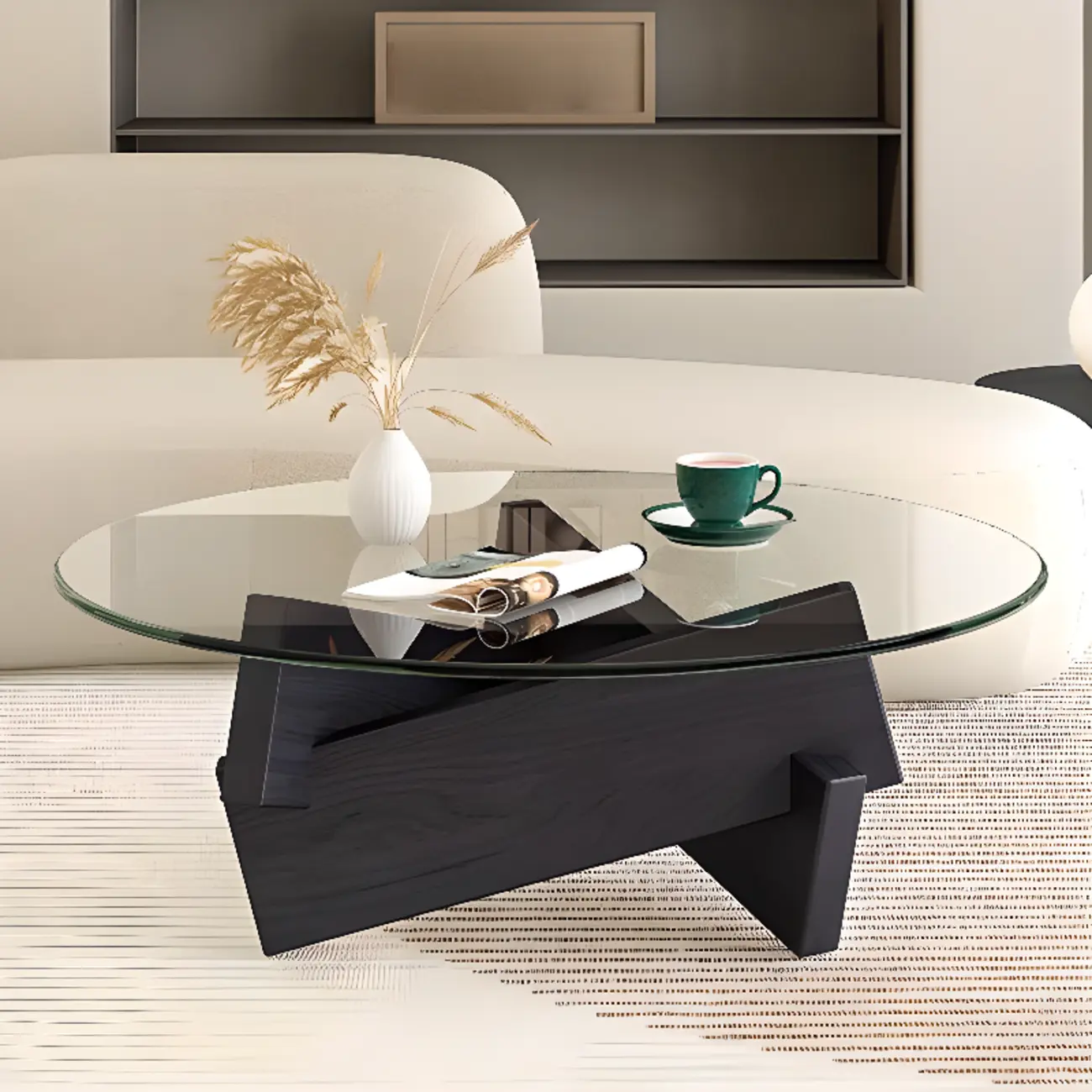 Minimalist Rubberwood Round Glass Coffee Table