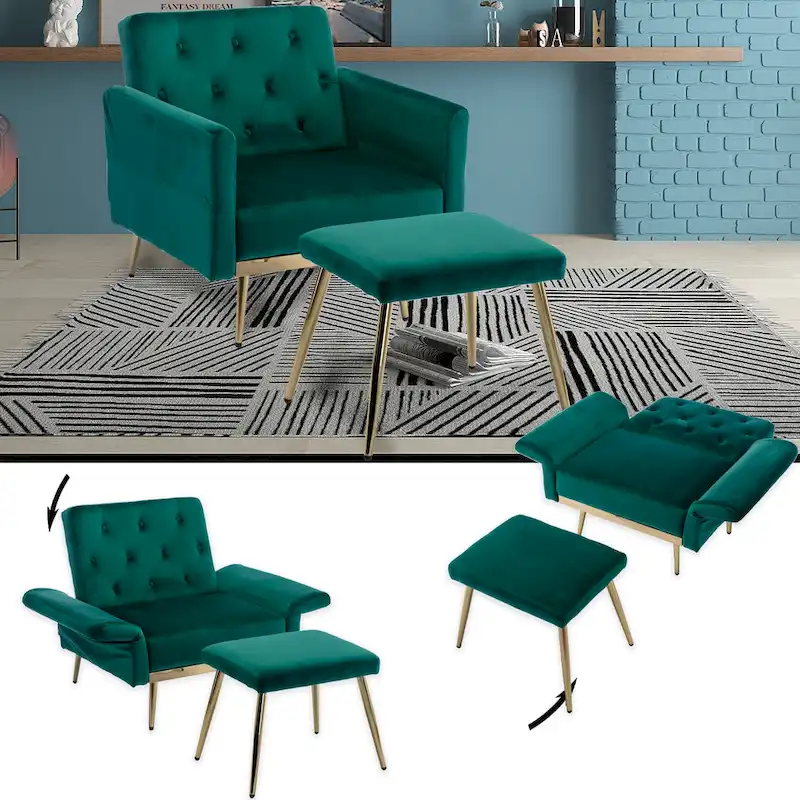 Velvet Tufted Convertible Armchair with Adjustable Backrest & Ottoman – Single