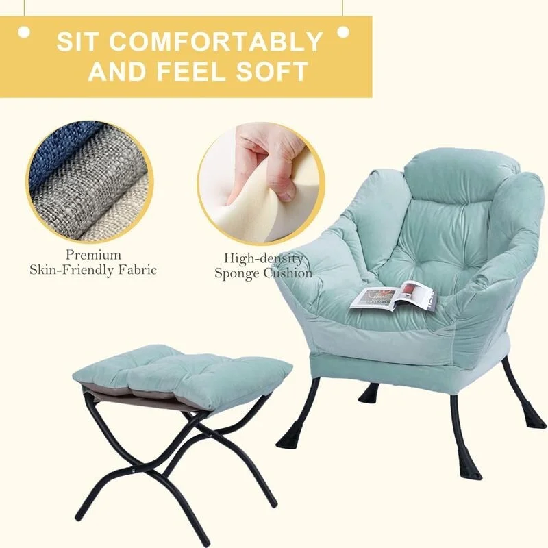 Modern Cotton Thick Padded Lazy Chair With Folding Ottoman