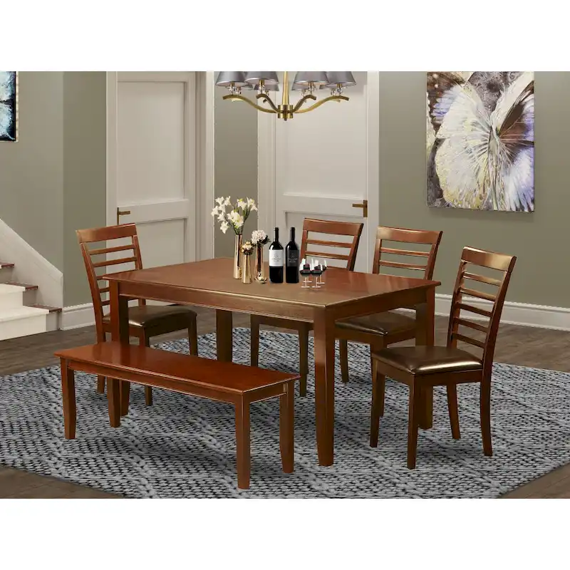 Mahogany 6-Person Dining Set, Wood/Faux Leather Chair Options – Table, 4 Chairs & Bench