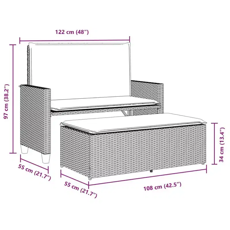 vidaXL Patio Bench with Cushions and Footstool Brown Poly Rattan