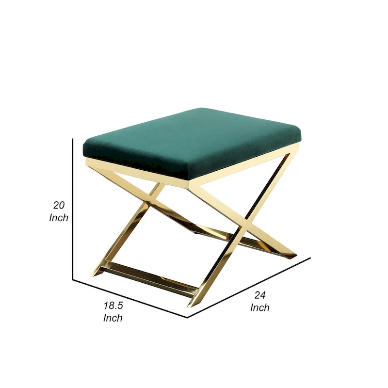 Sovi 24 Inch Accent Stool Ottoman Bench, Plush Green Velvet, Gold X Base