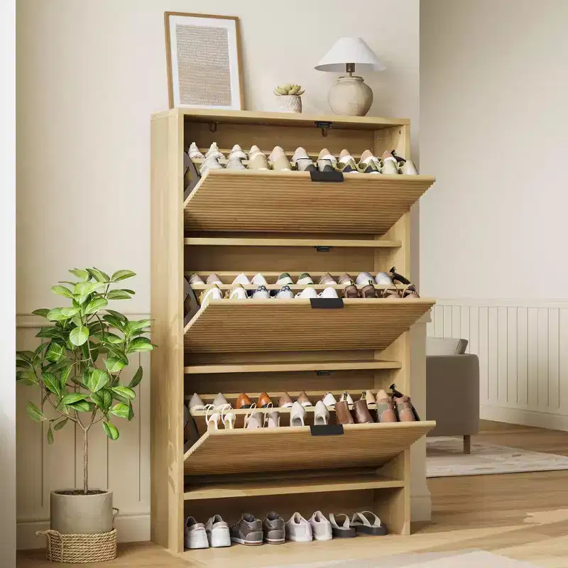 32 Fluted Shoe Rack Cabinet with 3 Flip Doors, Tall Freestanding Hidden Shoe Storage for Entryway, Hallway, Living Room