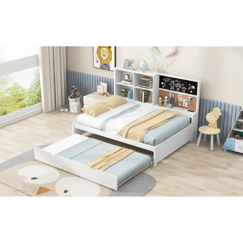 Full Pine Daybed with Blackboard, USB & Trundle