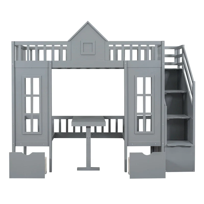 Gray Twin-Over-Twin Bunk Bed with Convertible Desk
