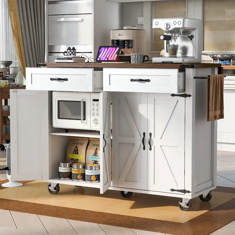 White Large Kitchen Island with Drop Leaf & Power Outlet, for 1–4 People