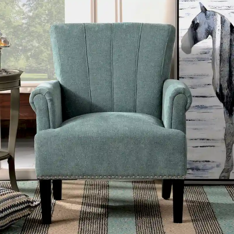 Accent Armchair, Channel Tufted Back, Rolled Arms, Sinuous Spring Seat, Stain-Resistant Polyester, Tapered Square Legs, Green / Blue / Cream, 1-Person Use