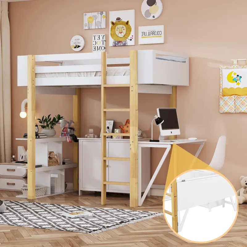 White Twin Solid Wood Loft Bed with Storage Cabinet, Cubes & Foldable Desk