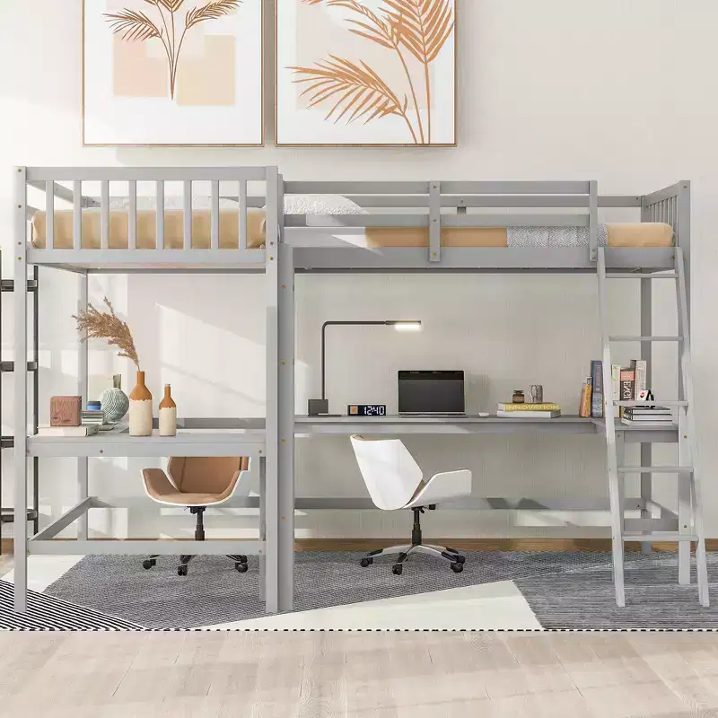 Whisen 119''L  79.5''W Wood Twin Size L-Shaped Loft Bed with Ladder and 2 Built-in L-Shaped Desks