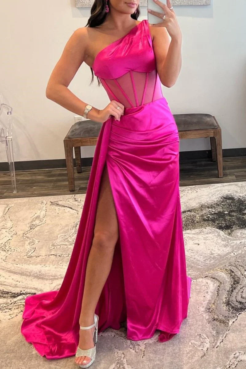 Sheath One Shoulder Pleated Satin Long Prom Dress