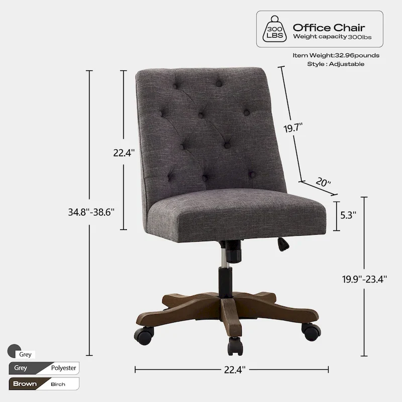 Home Computer Office Chair with Wheels Adjustable Height, Linen Fabric Upholstered Chair Swivel