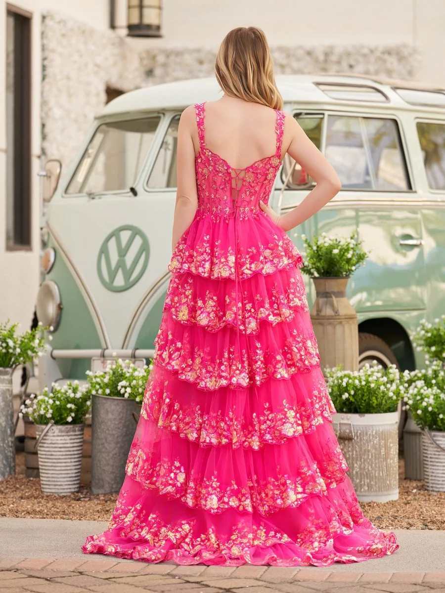 A-Line Lace Off-the-Shoulder Tiered Long Prom Dress with Slit