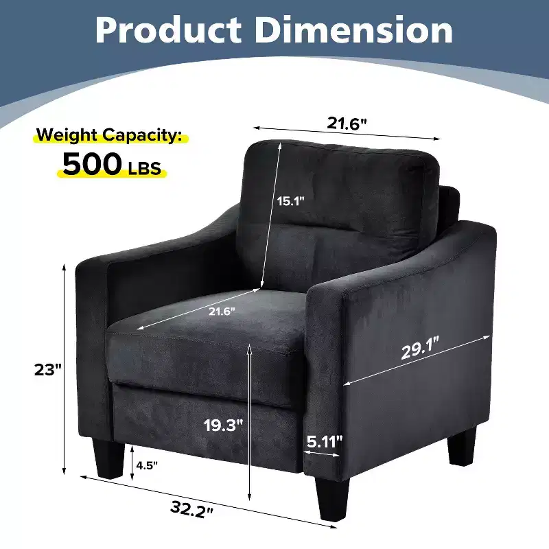 PexFix Velvet Upholstered Single Sofa Chair Sectional Couches Mordern Accent Armchair with Wooden Legs for Living Room Bedroom Office Black