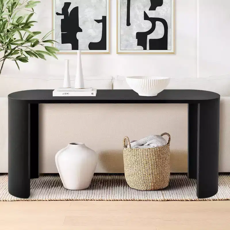 60 Modern Oval Entryway Console Table, Wood Grain Sofa Table with C-Shape Legs, Hallway Table for Living Room, Foyer or Behind Couch-Panipeachy
