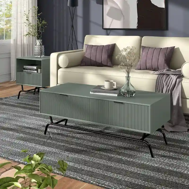 DH BASIC 2-Piece Modern Coffee Table and End Table Set with 3D Wave Accented Drawers by Denhour