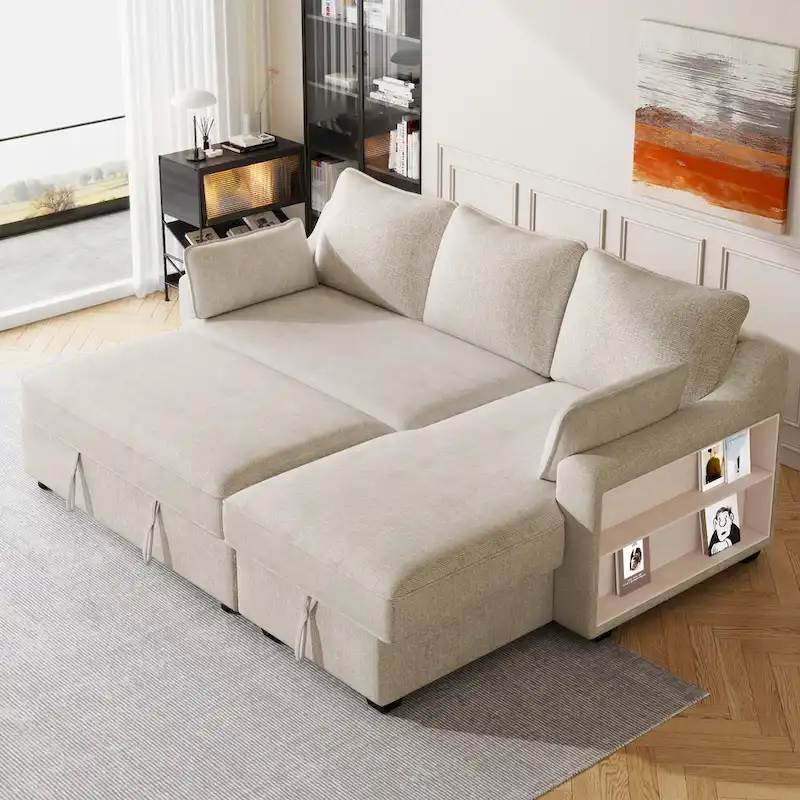 Pull Out Sleeper Sofa L-Shaped Couch Convertible Sofa Bed with Storage Chaise, Storage Racks and USB Ports