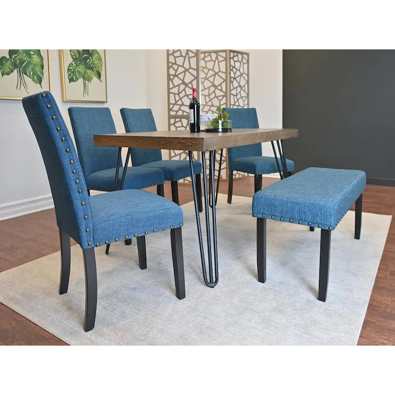 Roundhill Furniture Amisos 6-Piece Dining Set, Hairpin Dining Table with 4 Chairs and Upholstery Bench