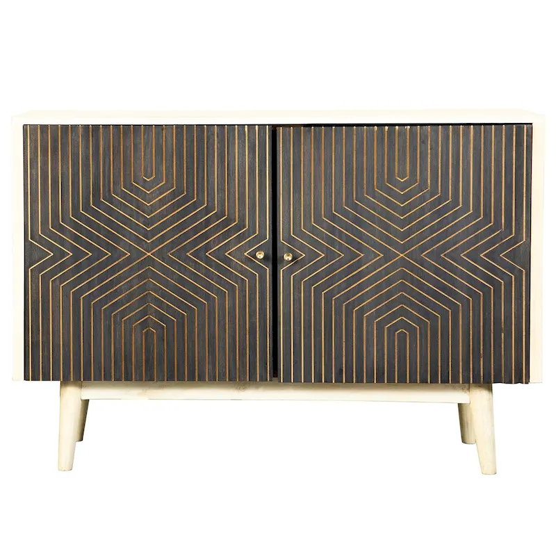 White Washed & Black 2-Door Accent Cabinet with 4 Shelves
