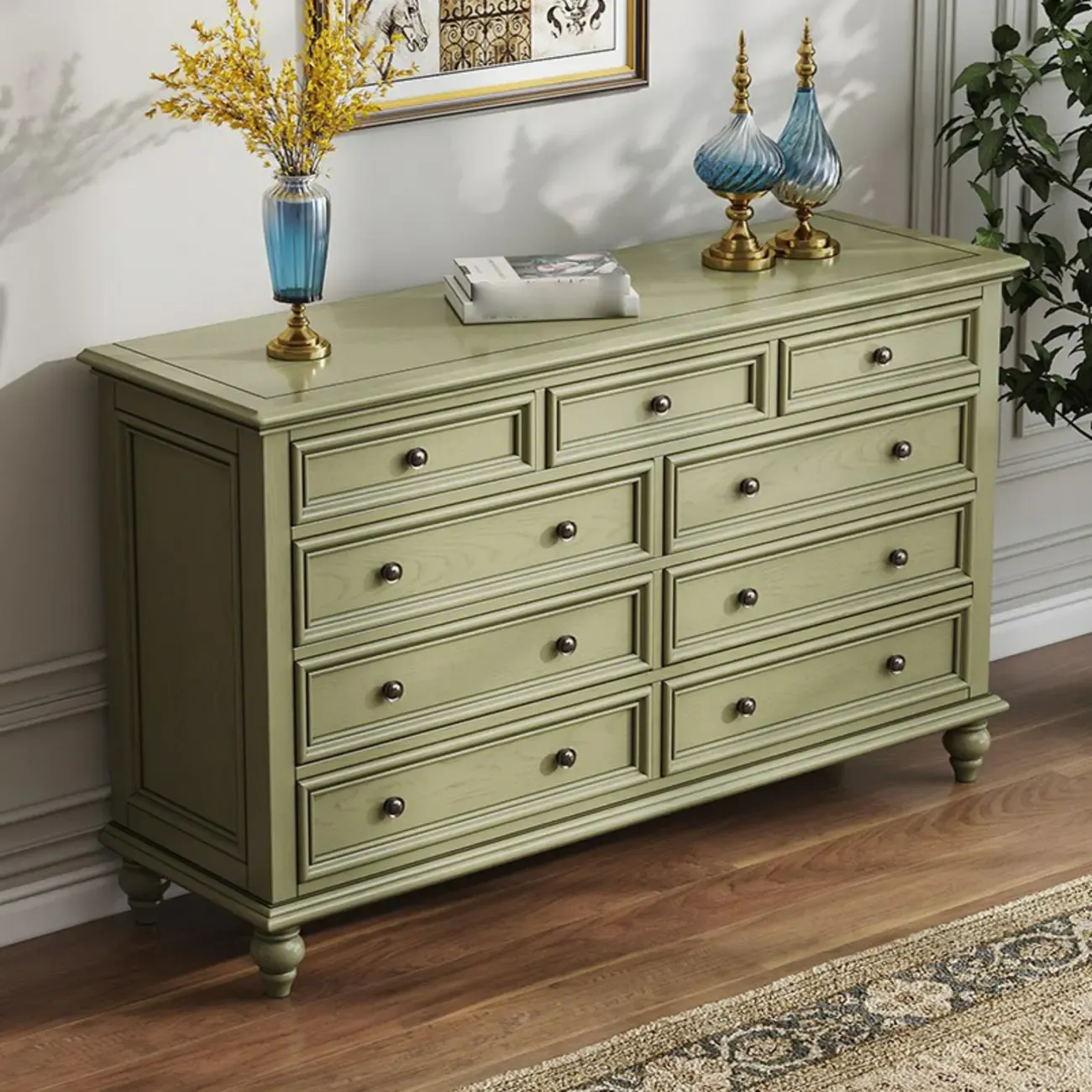 French Country Green Wooden Sideboard with Drawers