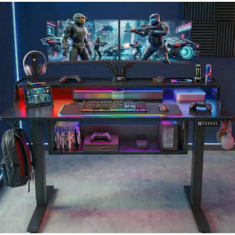Electric Standing Desk, 48X24 In Adjustable Sit Stand Desk with Bookshelf Monitor Stand, Standing Gaming Desk with LED Light Strip