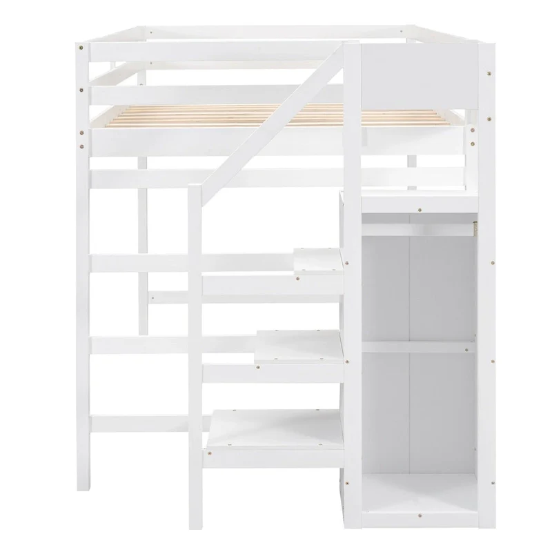 Full Size Loft Bed with Built-in Storage Wardrobe and Staircase