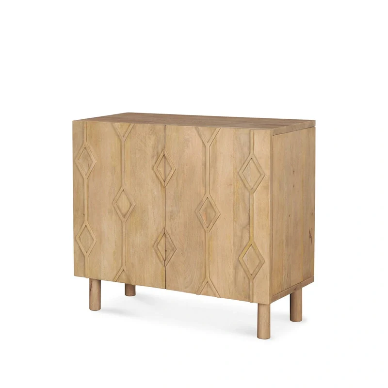 Light Brown Solid Wood Accent Cabinet with CNC Diamond Motif Doors & Shelf, 36x16x32 in