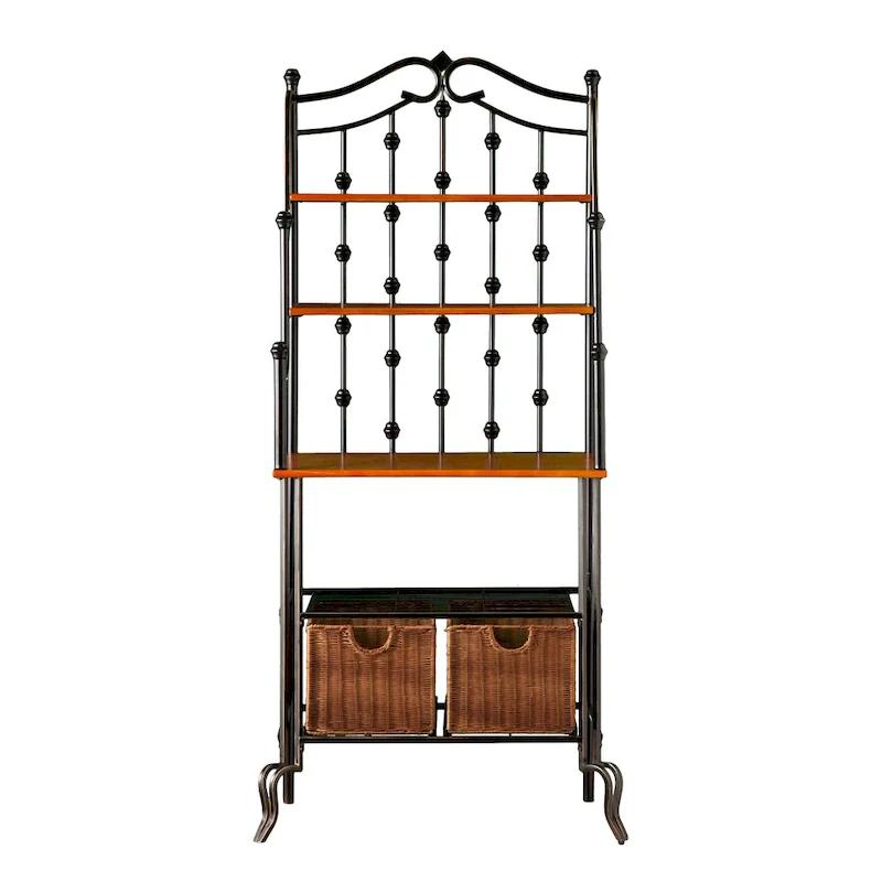 SEI Furniture Docherty Black Baker's Rack with Rattan Baskets