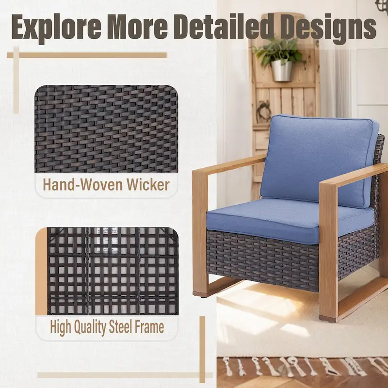 Gymojoy PE Rattan Chairs with Sofa Ottoman Set - Brown