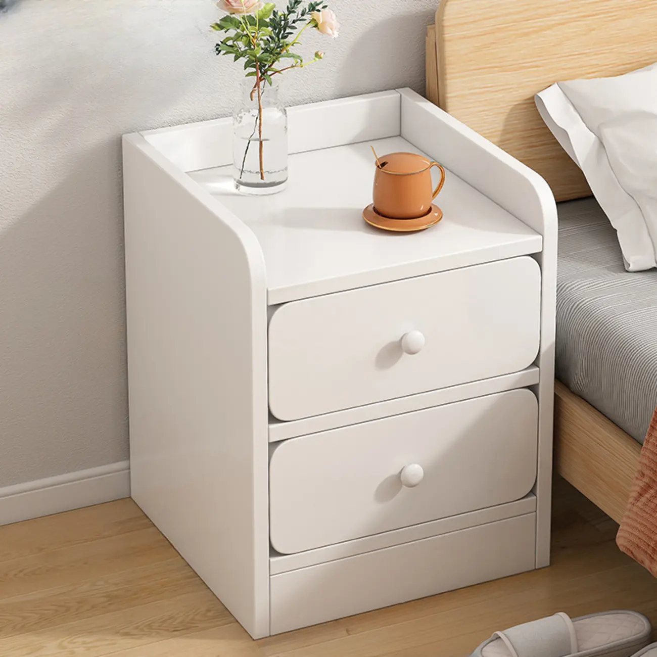 Simple White Natural Wood 2-Drawer Nightstand