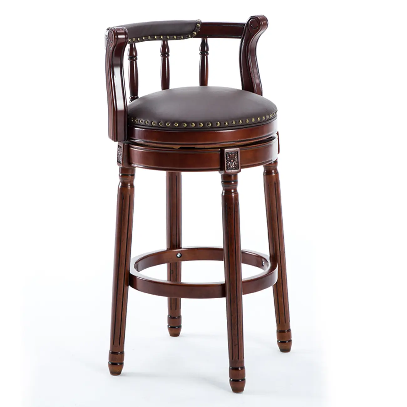 Swivel Counter Height Bar Stools in Genuine Leather & Walnut Solid Wood