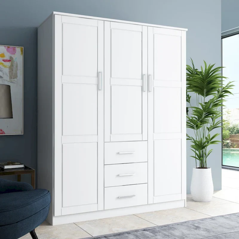 3-Door Solid Wood Wardrobe – White/Mocha/Grey/Java/Black/Mahogany, Solid or Mirrored Door, Single-User