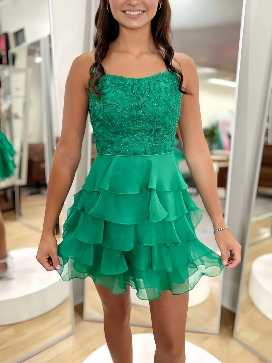 Green - Spaghetti Straps A Line Chiffon Ruffles Homecoming Dresses With Appliques