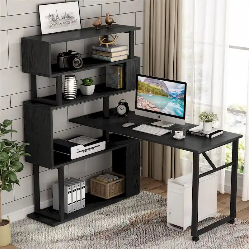 L-Shaped Rotating Computer Desk with Bookshelf