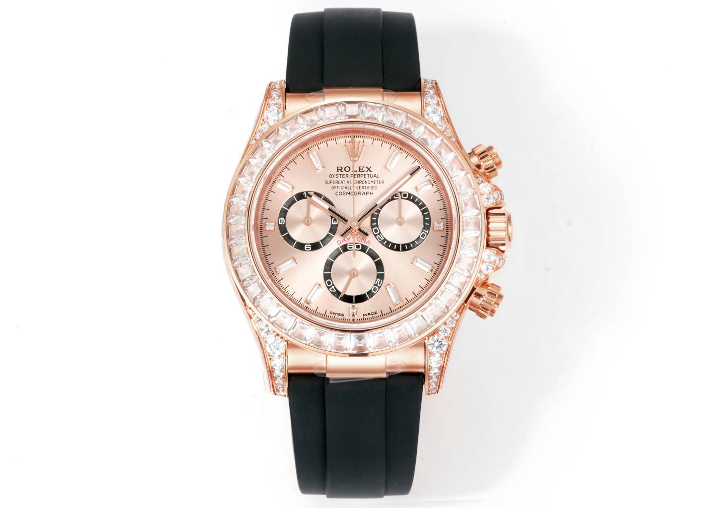 Rolex Daytona replica rose gold diamond bezel black rubber strap